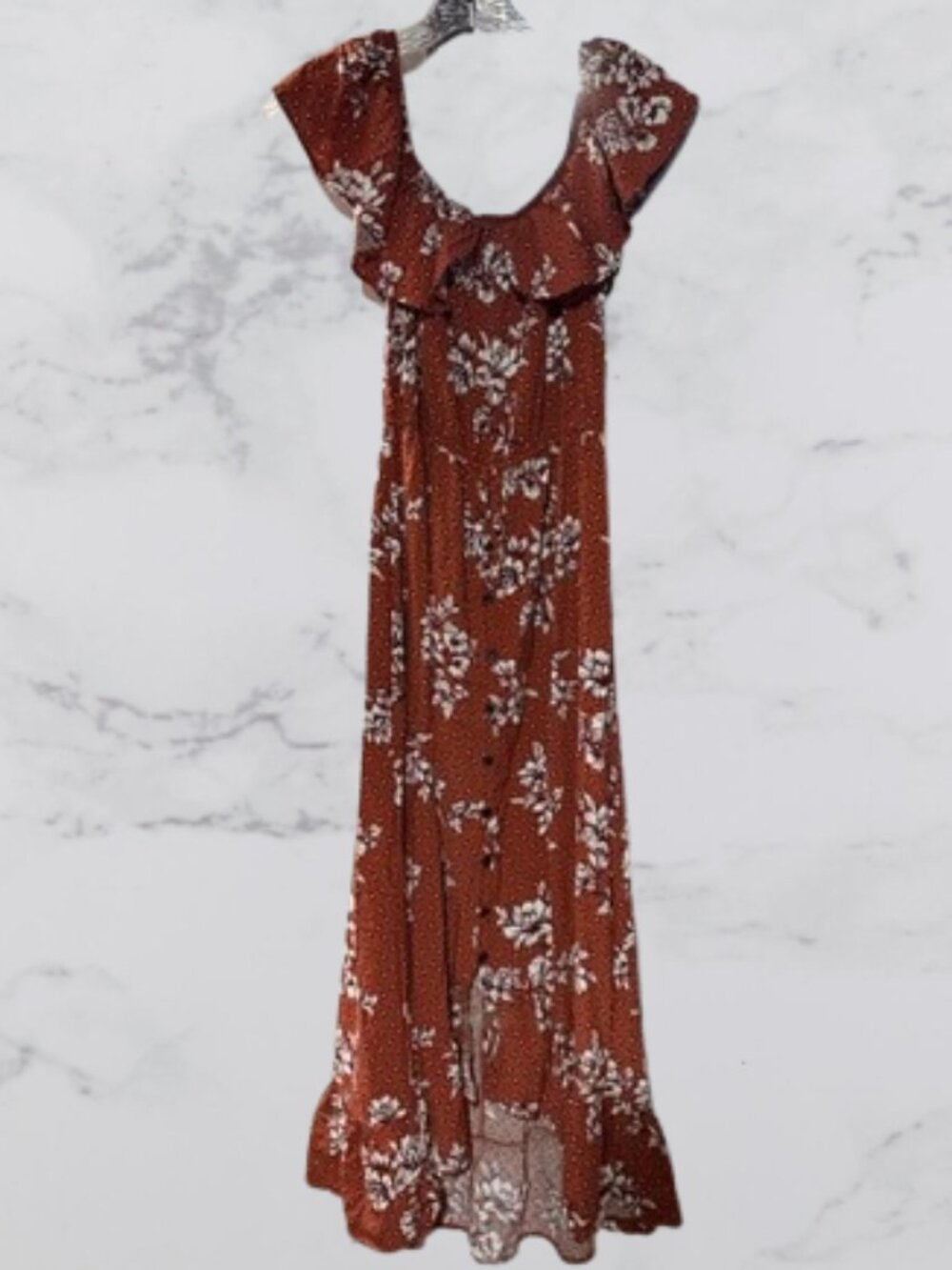 Maurice's Rust Floral Ruffle Maxi Dress Size S